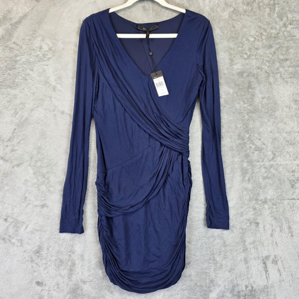 BCBGMAXAZRIA Dress Womens Medium Blue Pacific Terry Long Sleeve Ruched V Neck